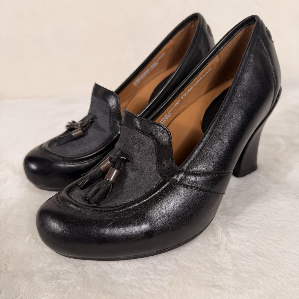 Earthies Carenna Black Leather Horse Hair Tassel Pumps Heels Sz 8